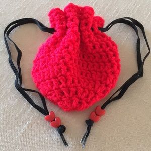 Hand Crafted Mini Bag Red Crochet with Black Drawstrings